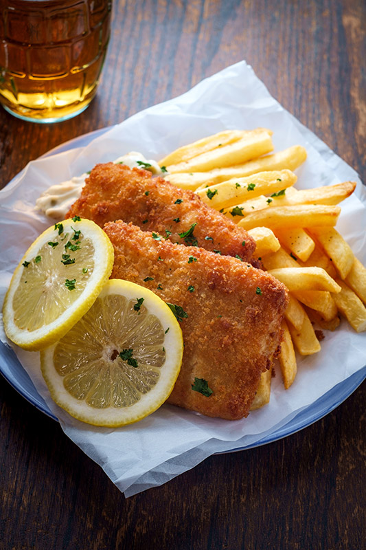 Beer Battered Fish and Chips with Glass of Beer